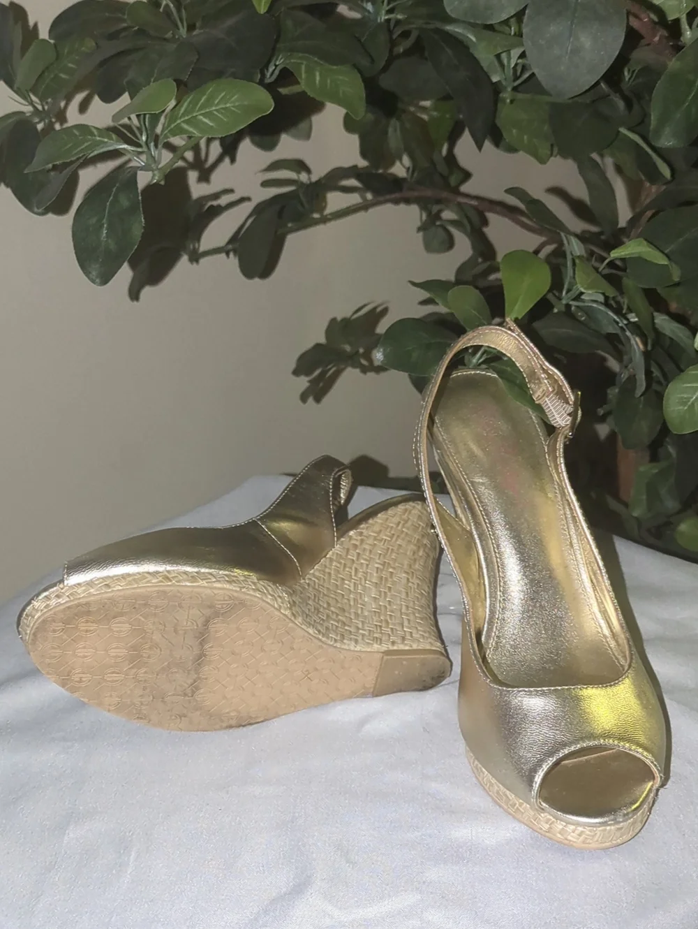 Lilly Pulitzer Gold Peep-Toe Wedge Slingback Heels